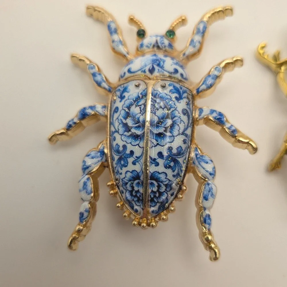 Vintage Inspired Beetle Brooch Blue White Chinoiserie & Enamel Stag Bug Pin
